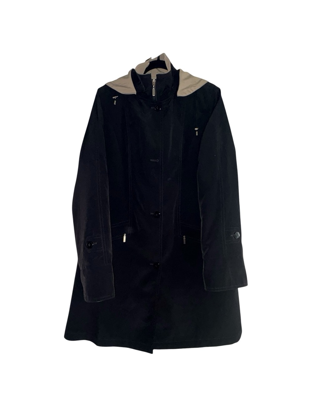 Gallery Midweight Hooded Raincoat Black Tan Contrast Trim Trench Coat